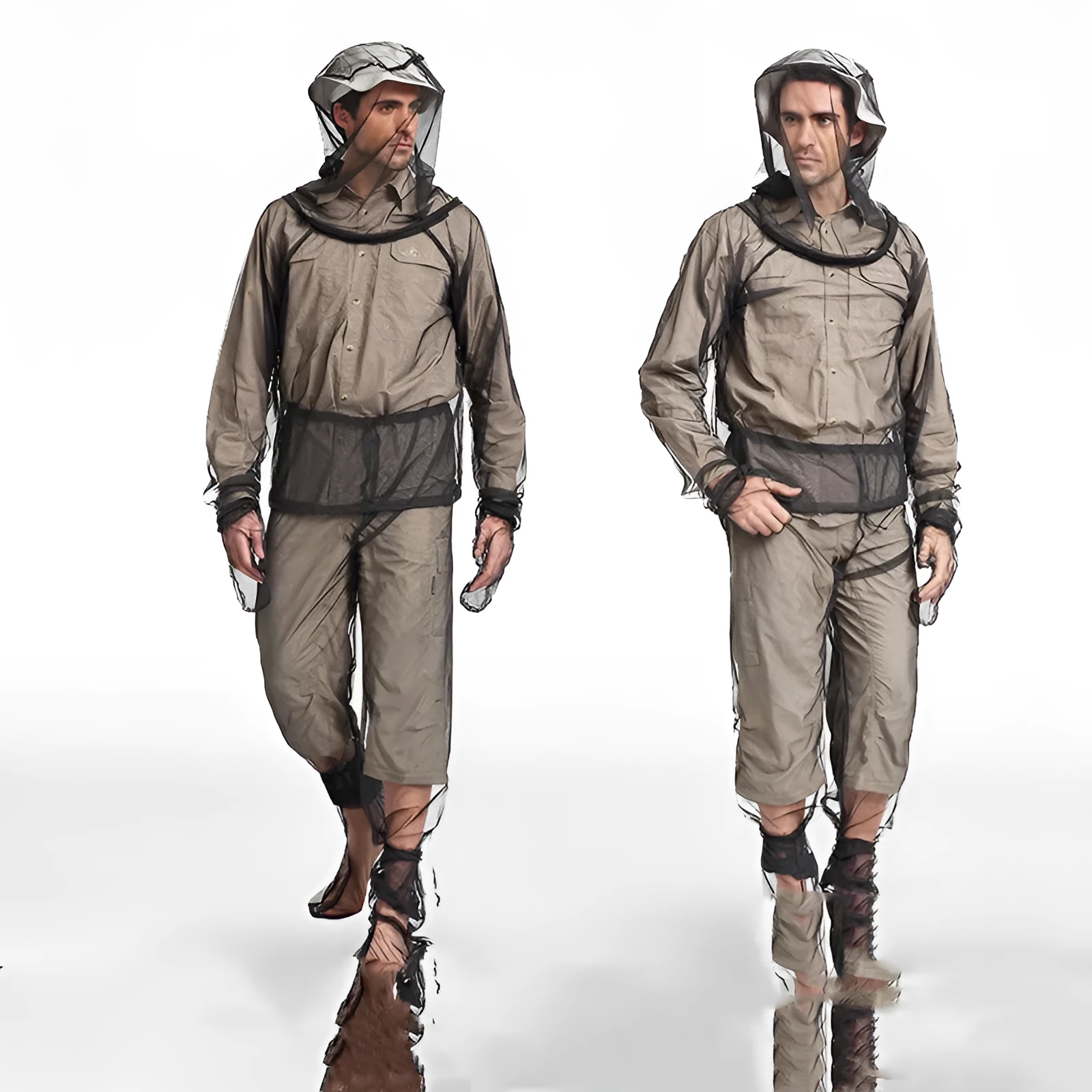 Mosquito-proof outdoor clothing set with hooded top, pants and booties in mesh fabric