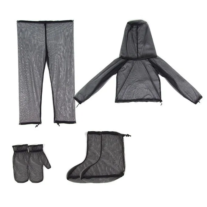 Mosquito-proof outdoor clothing set with hooded top, pants and booties in mesh fabric