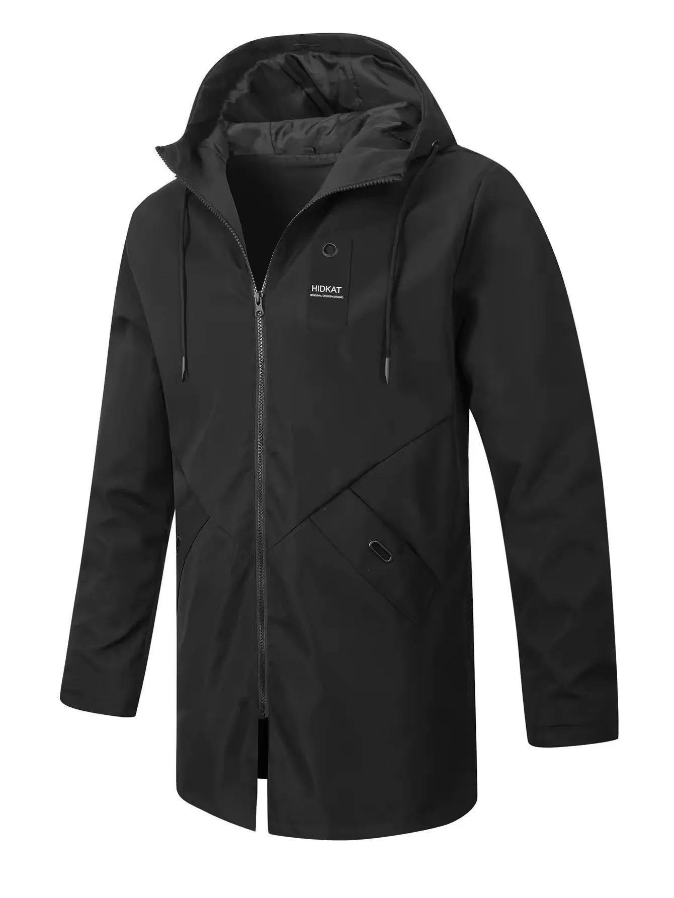 Men's mid-length hooded windproof shell jacket in gray, made from polyester fibre, with long sleeves and front zipper