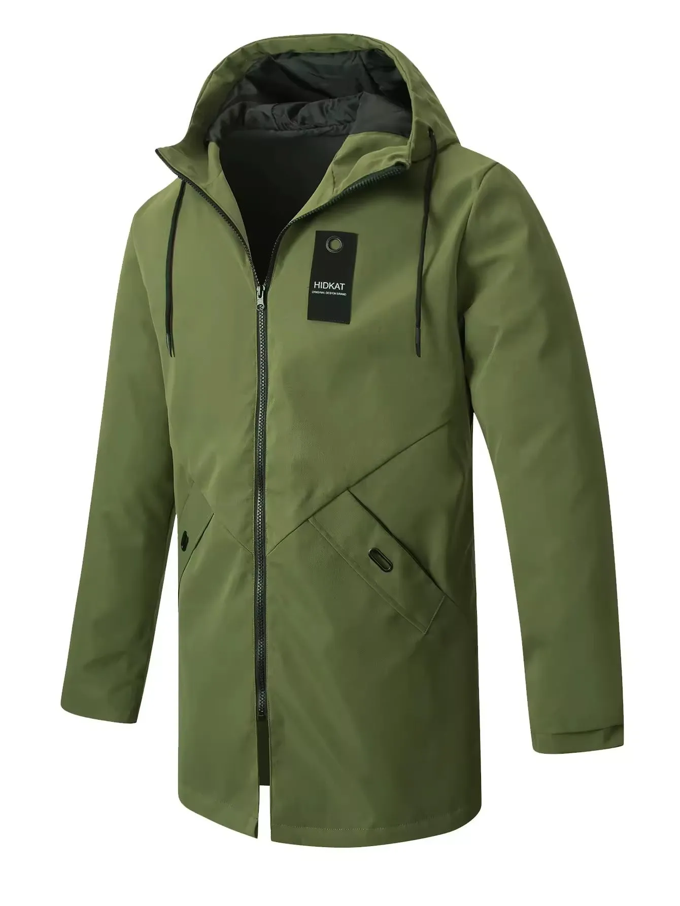 Men's mid-length hooded windproof shell jacket in gray, made from polyester fibre, with long sleeves and front zipper