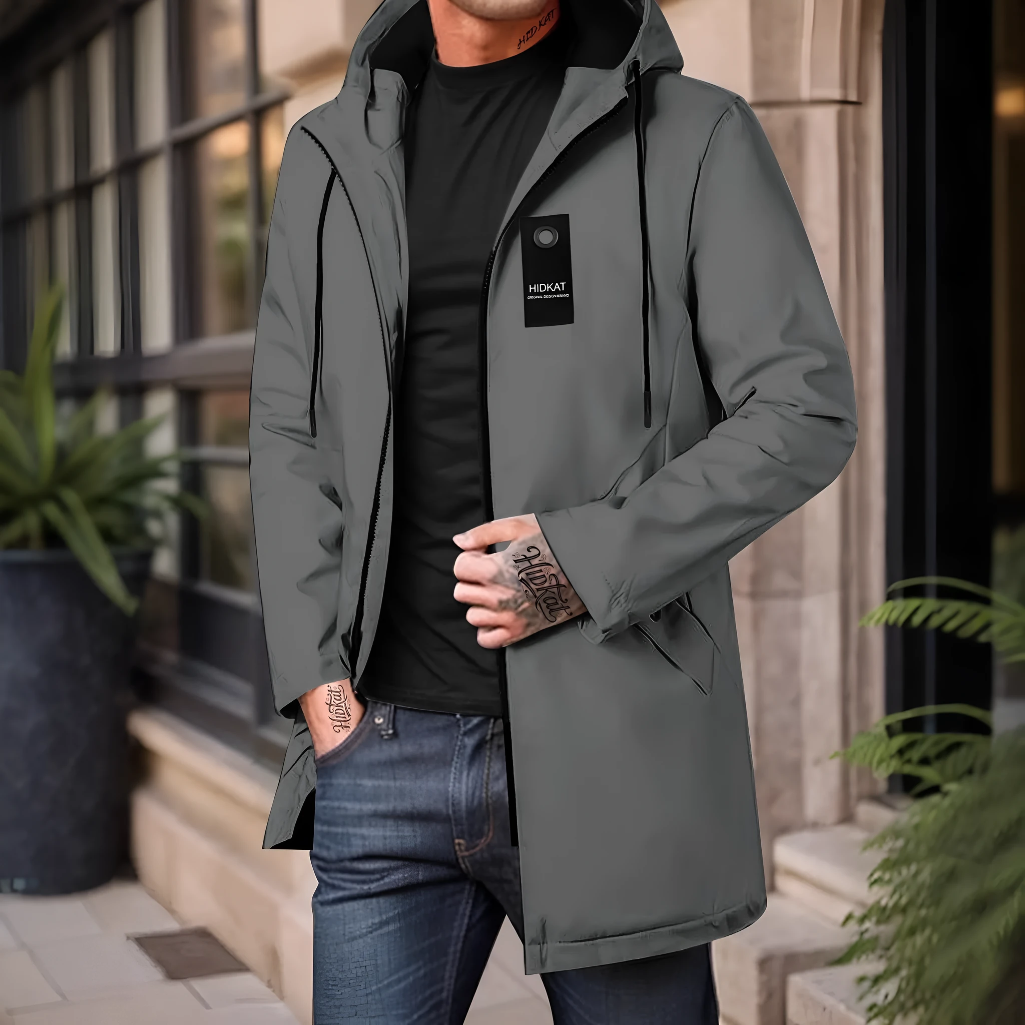 Men's mid-length hooded windproof shell jacket in gray, made from polyester fibre, with long sleeves and front zipper