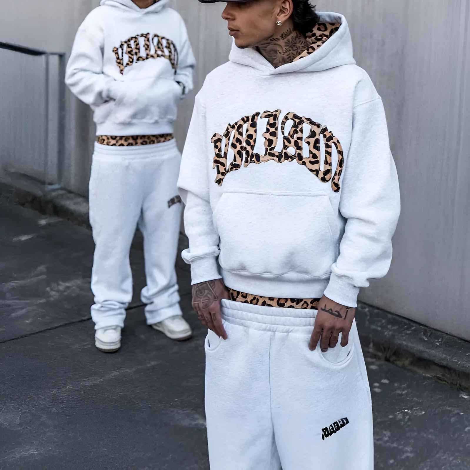 Leopard print letter embroidery street casual trousers and hoodie three-piece set in light gray polyester with pocket detailing, regular fit for unisex