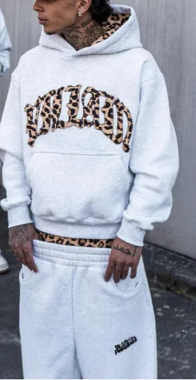 Leopard print letter embroidery street casual trousers and hoodie three-piece set in light gray polyester with pocket detailing, regular fit for unisex