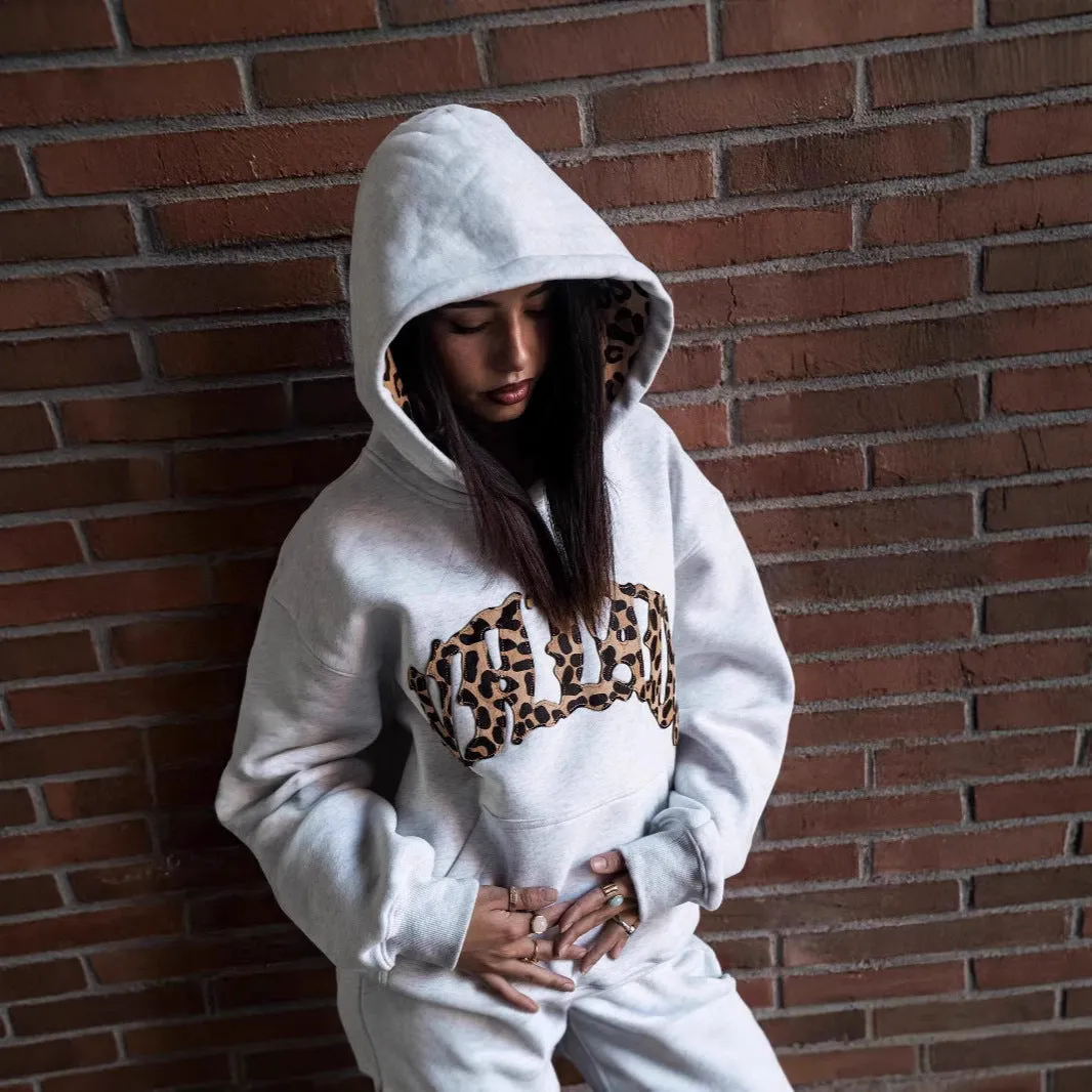 Leopard print letter embroidery street casual trousers and hoodie three-piece set in light gray polyester with pocket detailing, regular fit for unisex