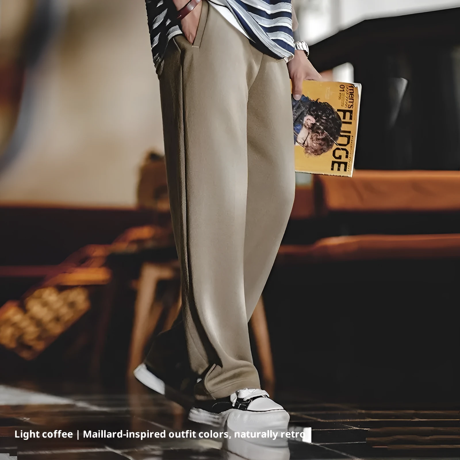 Casual loose-fit anti-wrinkle polyester sweatpants for men in dark blue, grey, or light brown