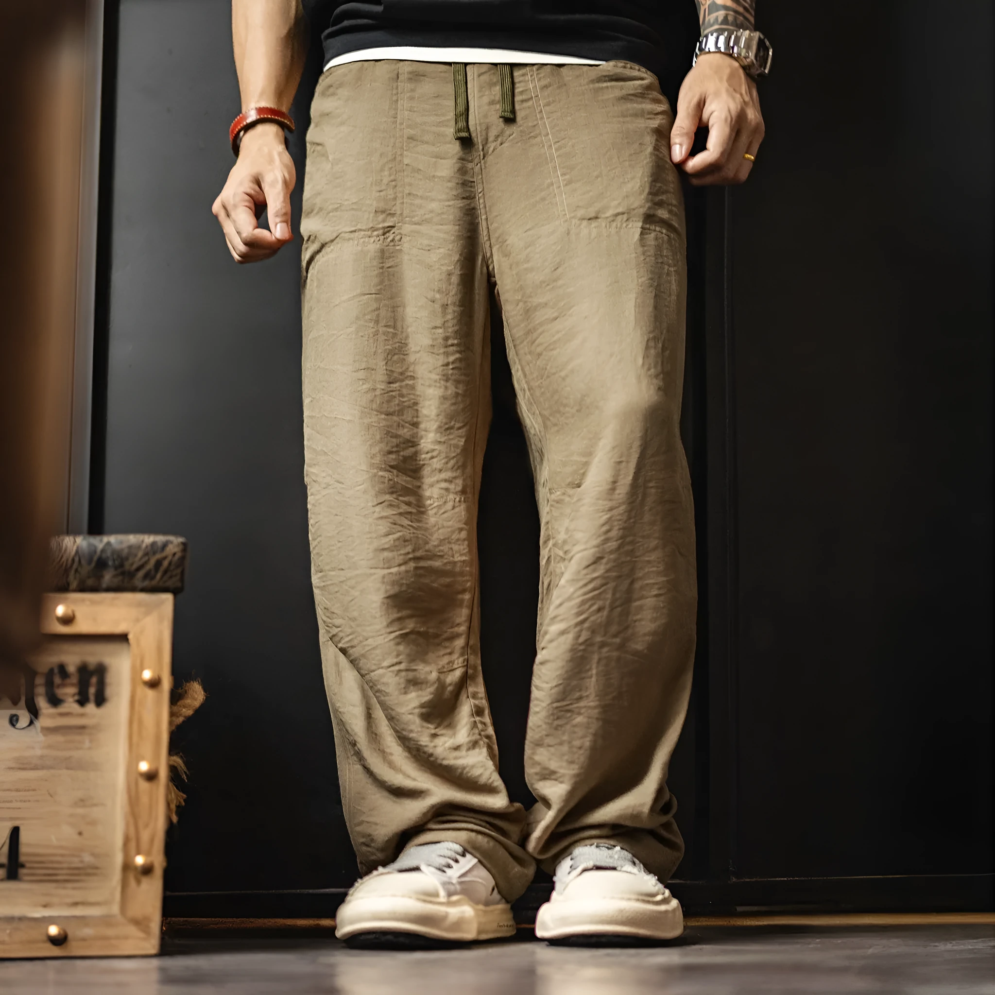 Khaki polyester baker pants for men, old money style straight leg trousers