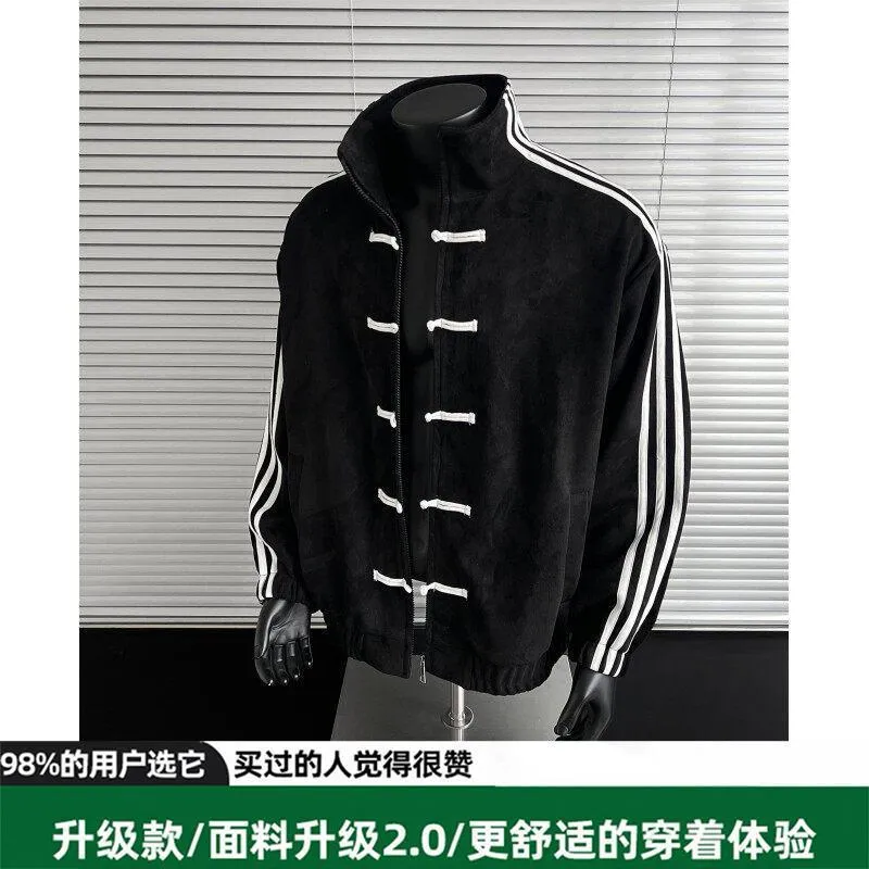 Men's suede stand collar buckle jacket in black, loose fit, cotton blend, with polyester lining