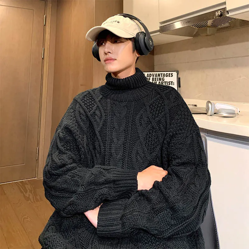 Japanese-style retro green jacquard turtleneck sweater, loose fit wool blend knit jumper for women
