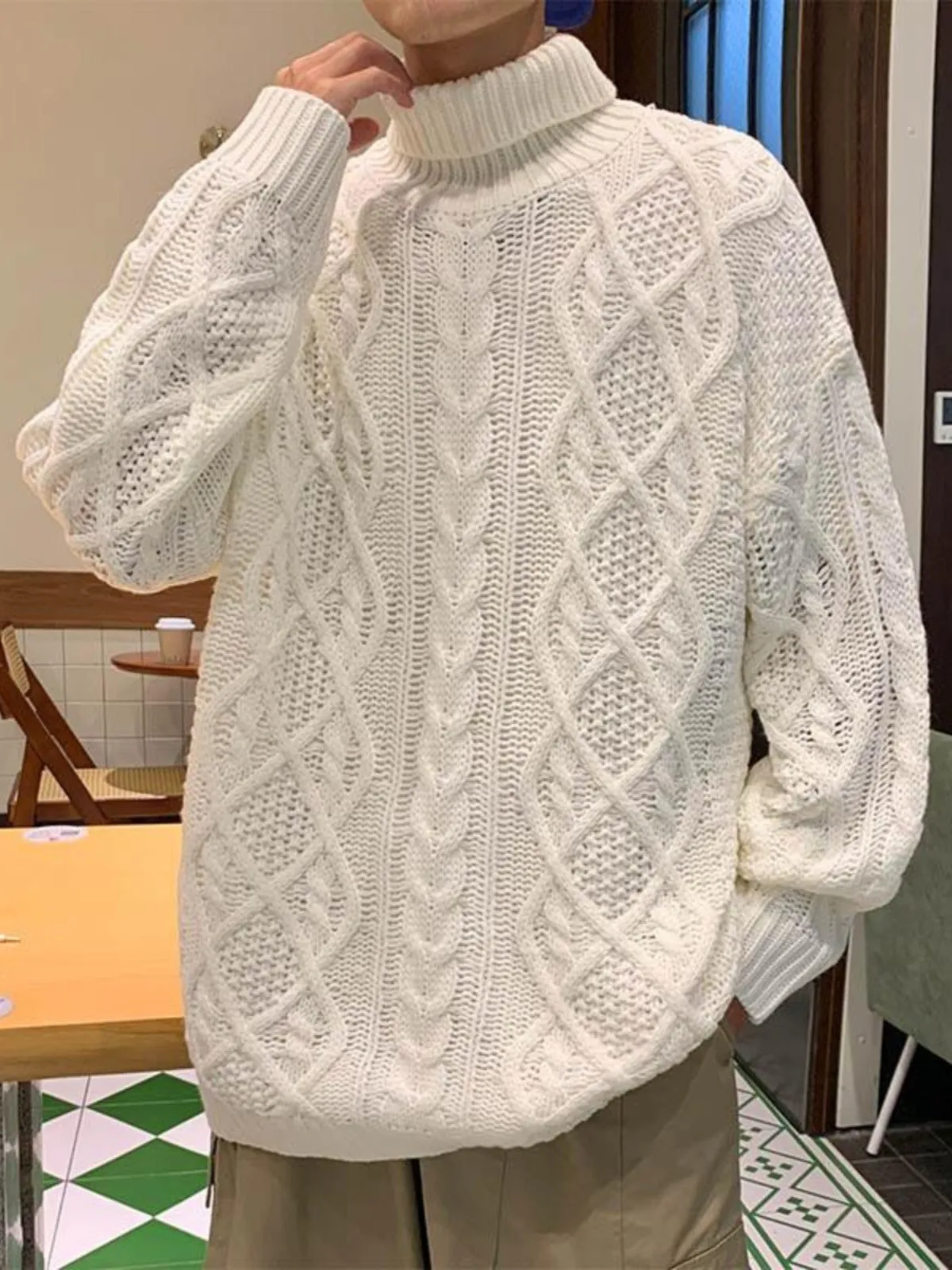 Japanese-style retro green jacquard turtleneck sweater, loose fit wool blend knit jumper for women