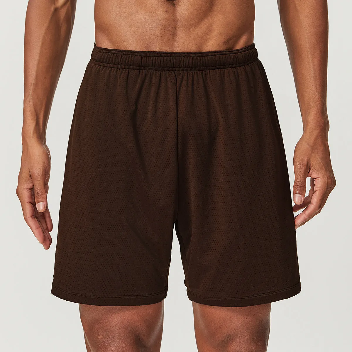 Men's sky green quick-dry running shorts with mid-waist and double-layer construction.