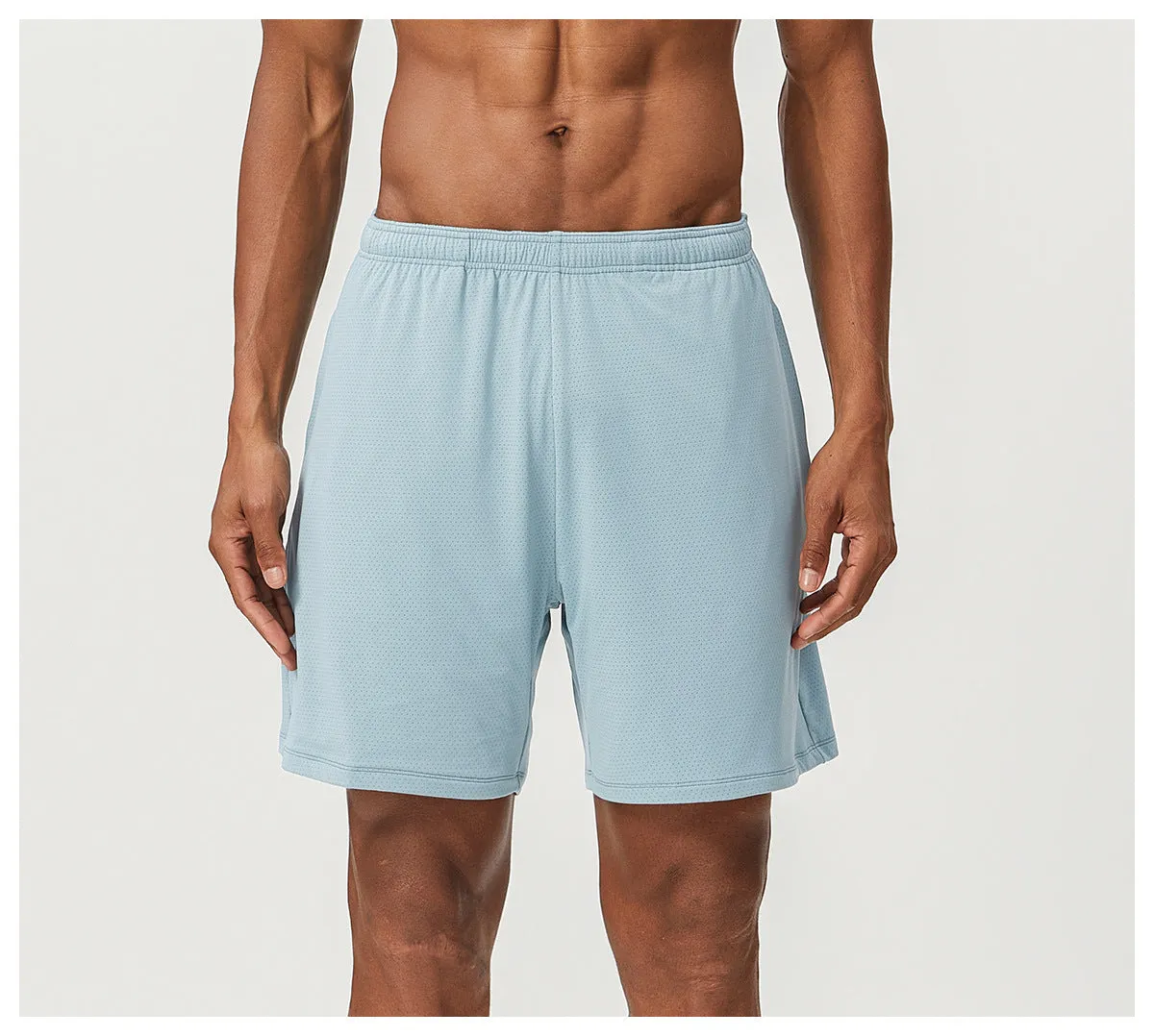 Men's sky green quick-dry running shorts with mid-waist and double-layer construction.
