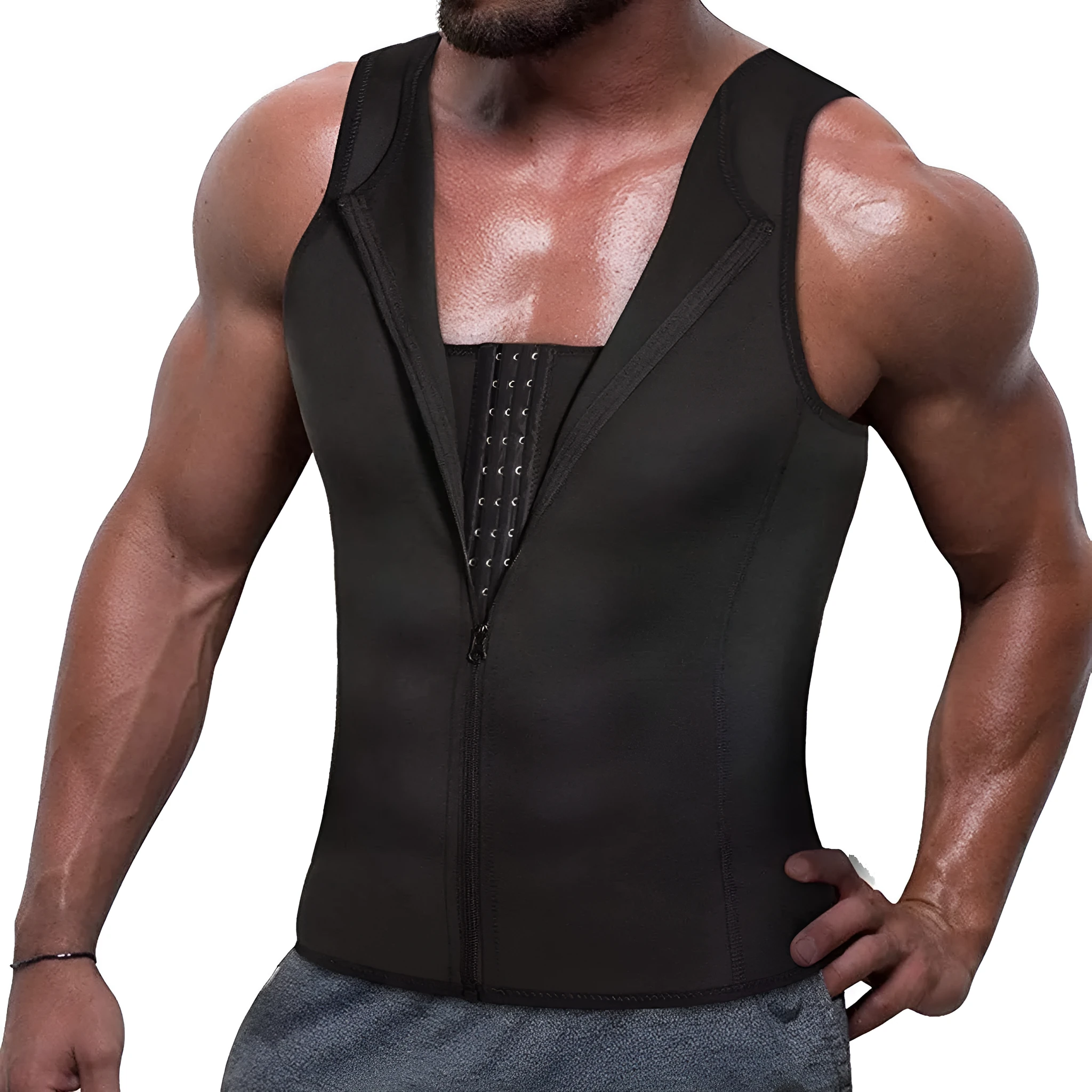 Men's black polyester waist girdling zipper vest for belly contraction and lumbar support