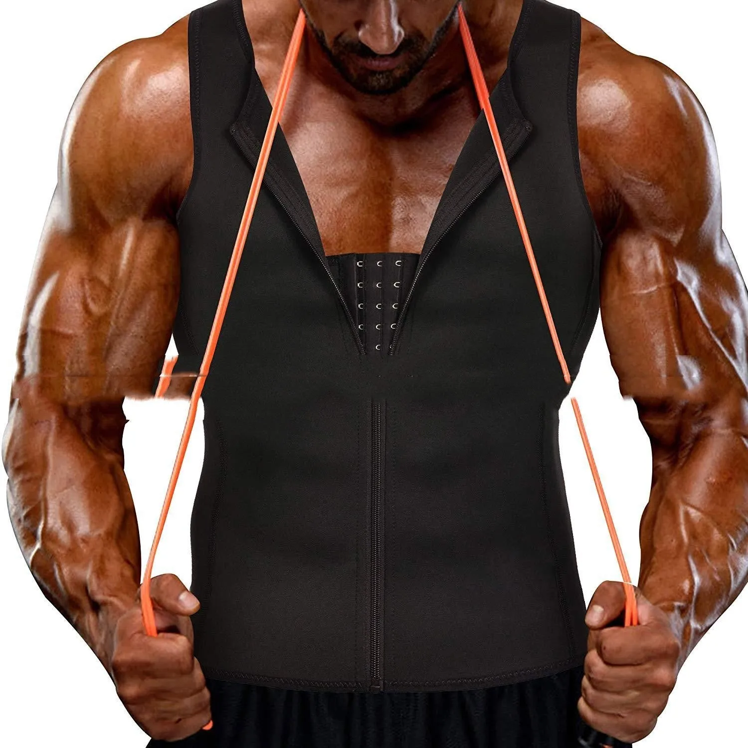 Men's black polyester waist girdling zipper vest for belly contraction and lumbar support