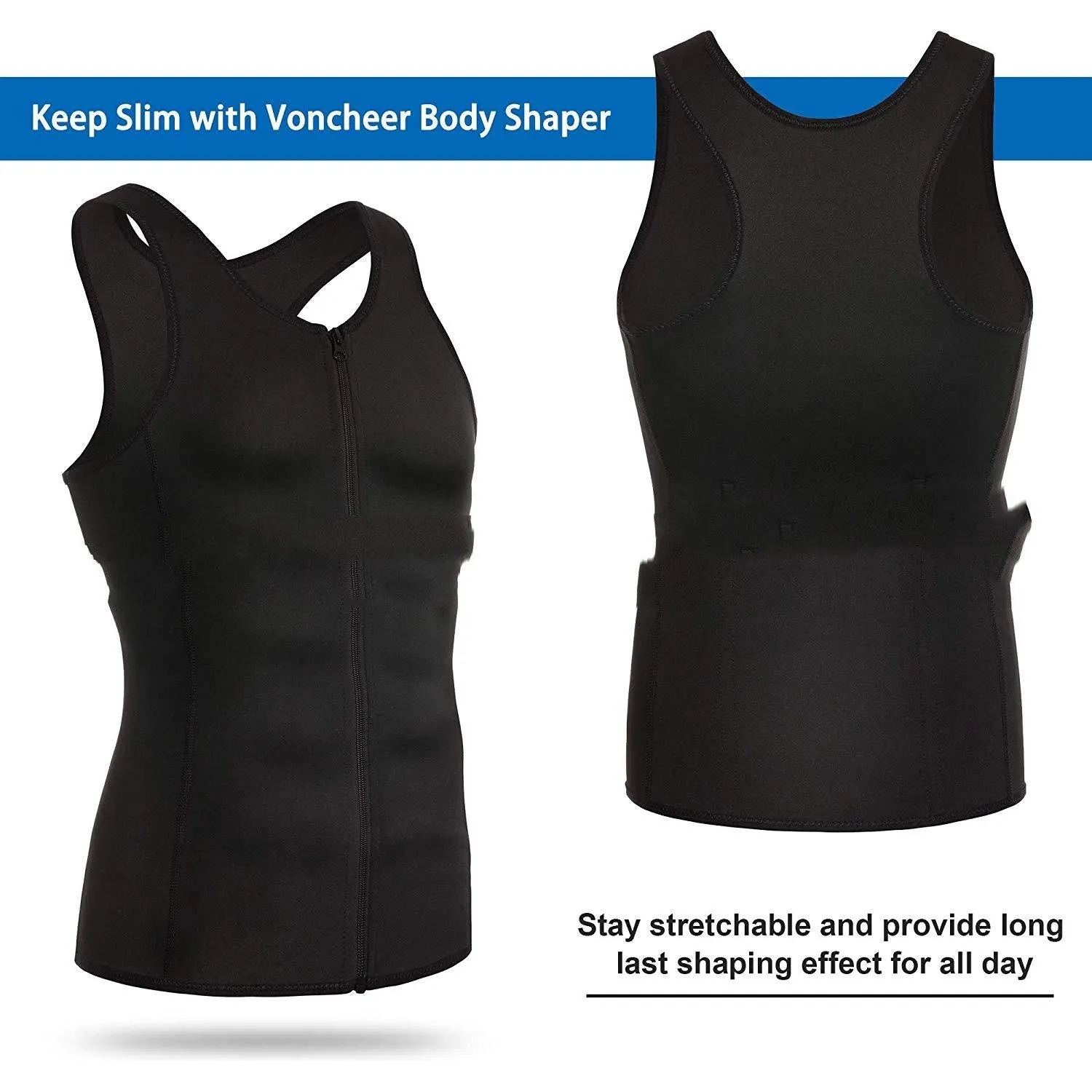 Men's black polyester waist girdling zipper vest for belly contraction and lumbar support