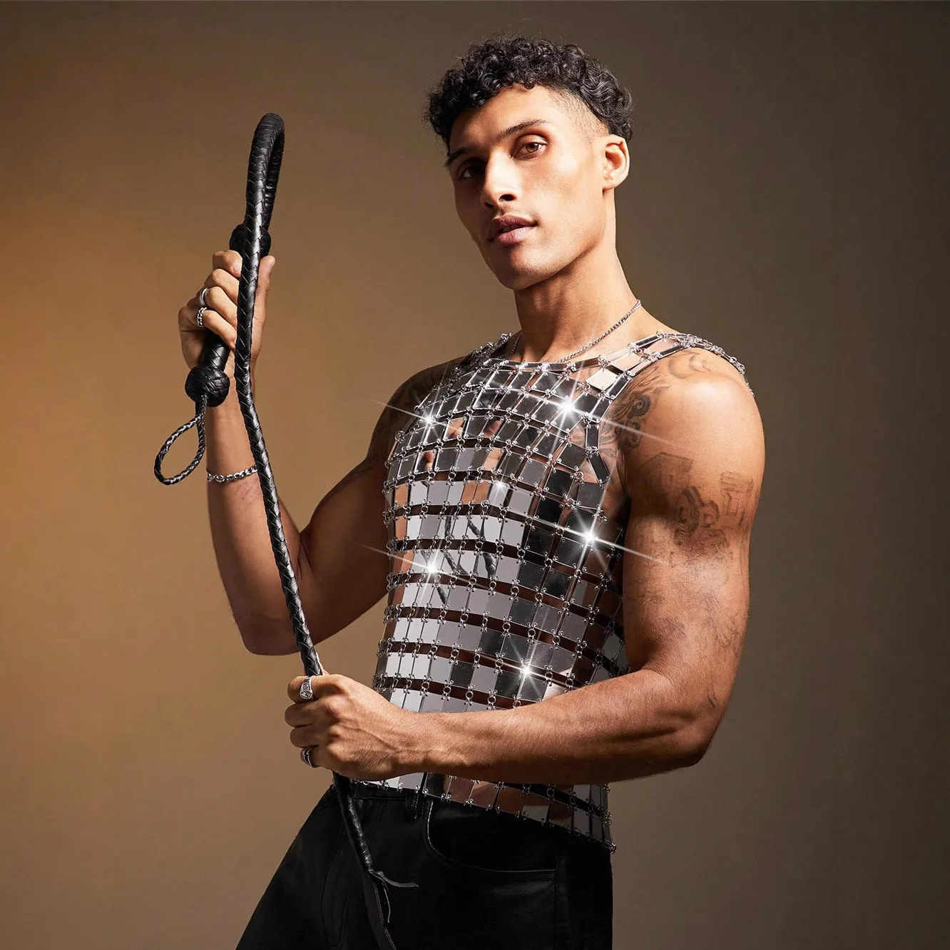 Silver acrylic mirror men's performance costume vest with punk styling and loose fit