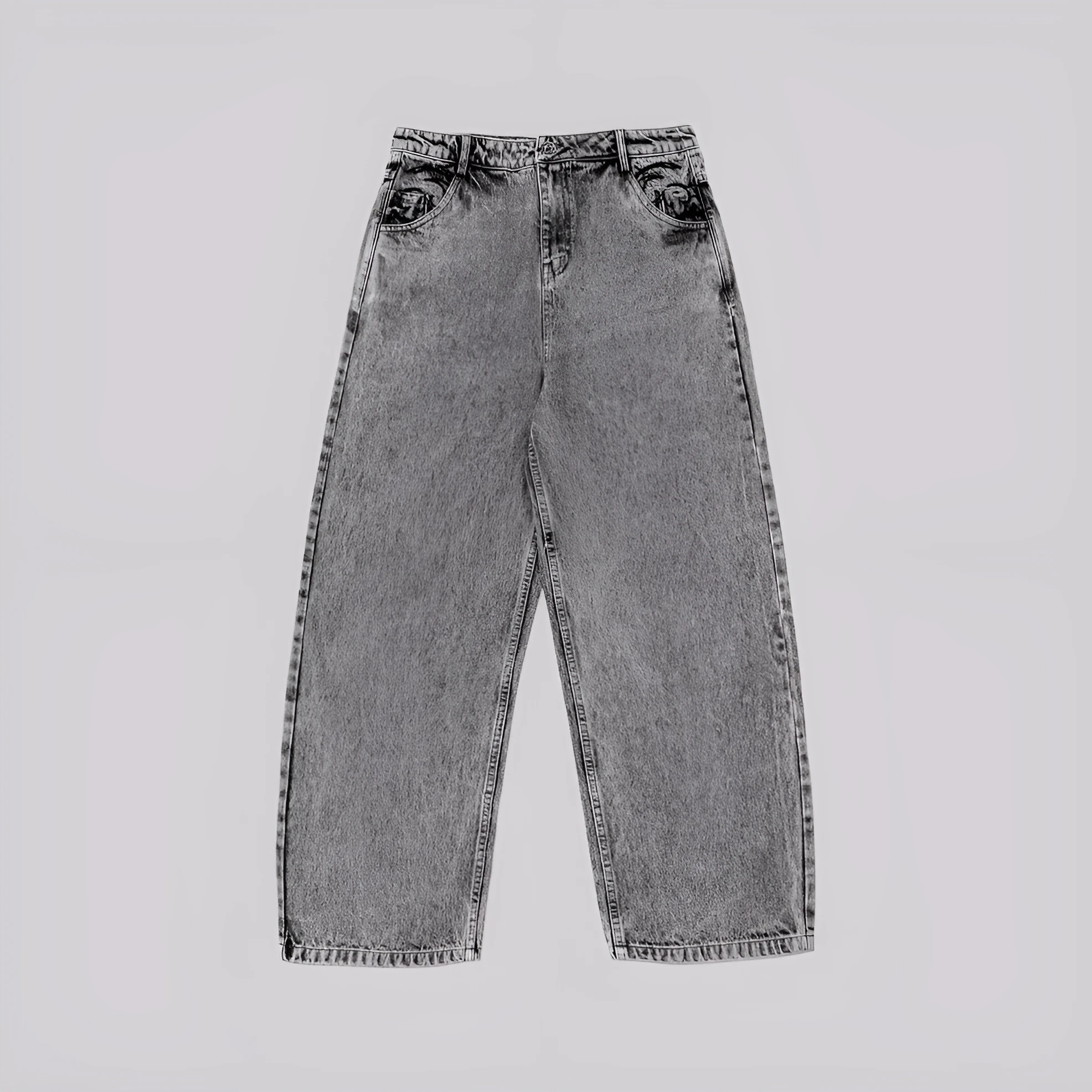 Grey loose straight-leg denim trousers for men and women laid flat, showing mid waist and classic cut.