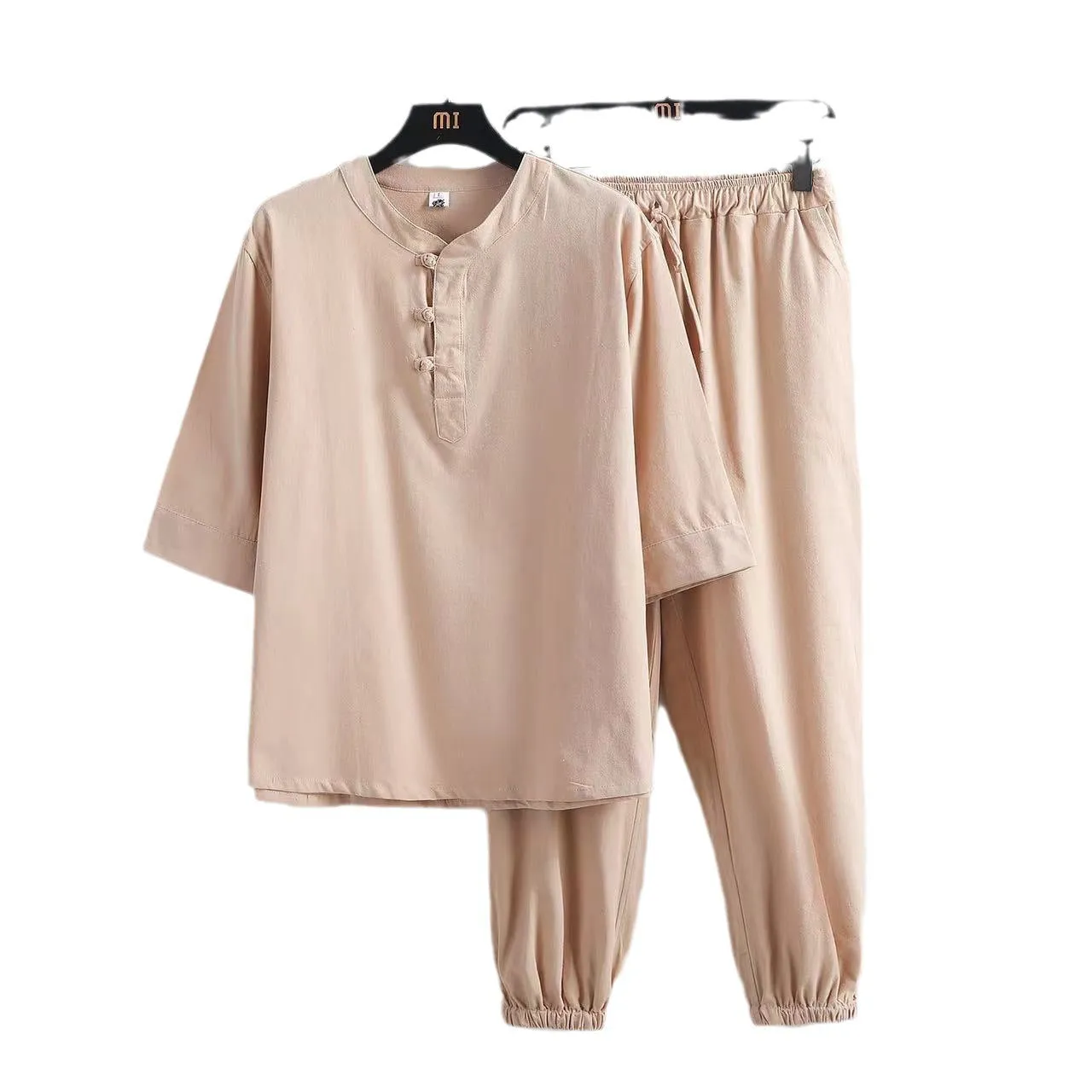 Linen short sleeve suit set for men with buckle top and trousers in summer Chinese style