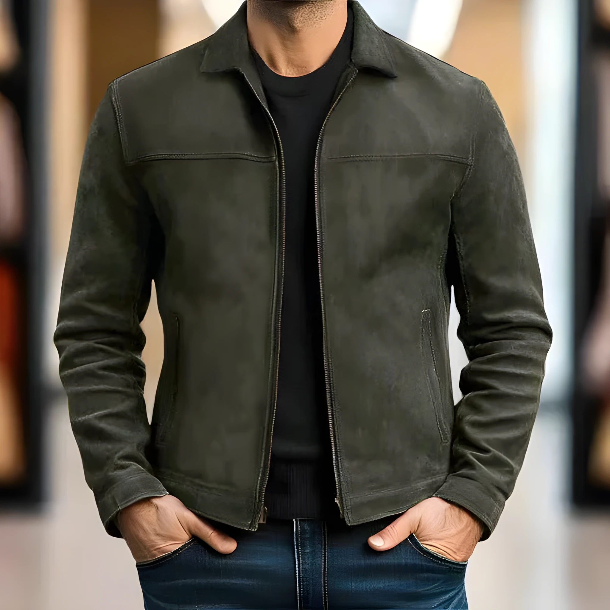 Men's casual lapel leather jacket made from polyester fibre, side seam pockets, straight hem, in black colour