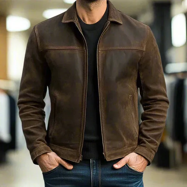 Men's casual lapel leather jacket made from polyester fibre, side seam pockets, straight hem, in black colour
