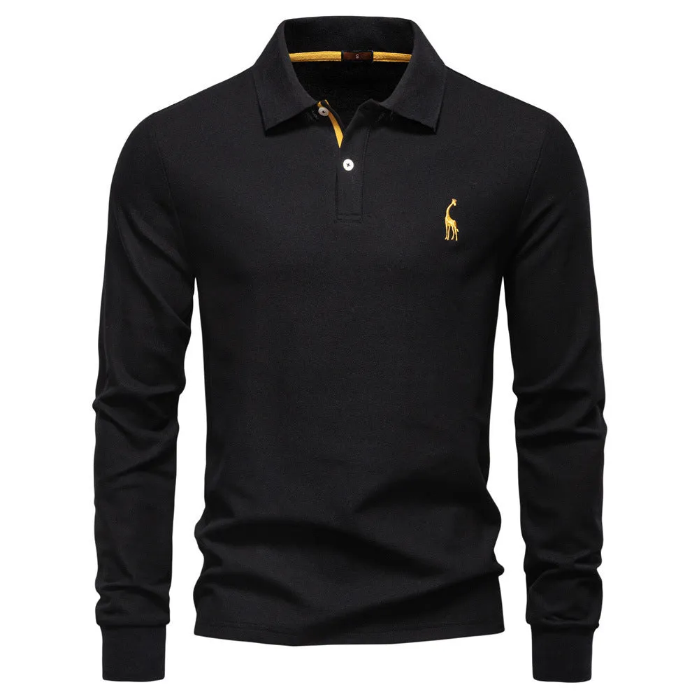 Cotton blend long sleeve solid colour casual polo shirt in army green for autumn leisure wear
