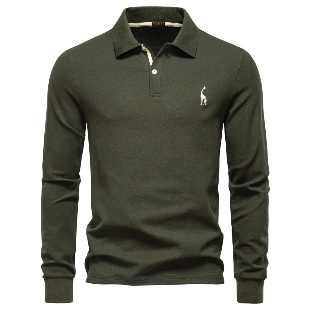 Cotton blend long sleeve solid colour casual polo shirt in army green for autumn leisure wear