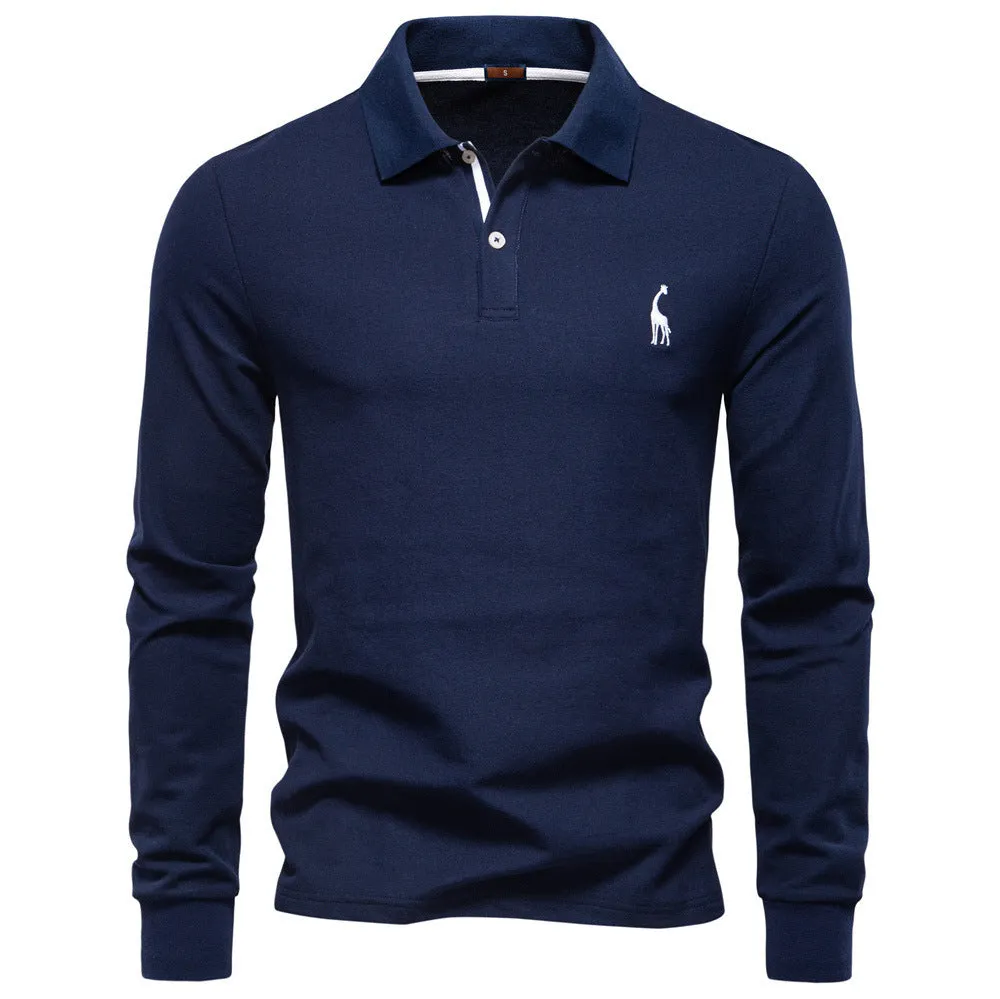 Cotton blend long sleeve solid colour casual polo shirt in army green for autumn leisure wear