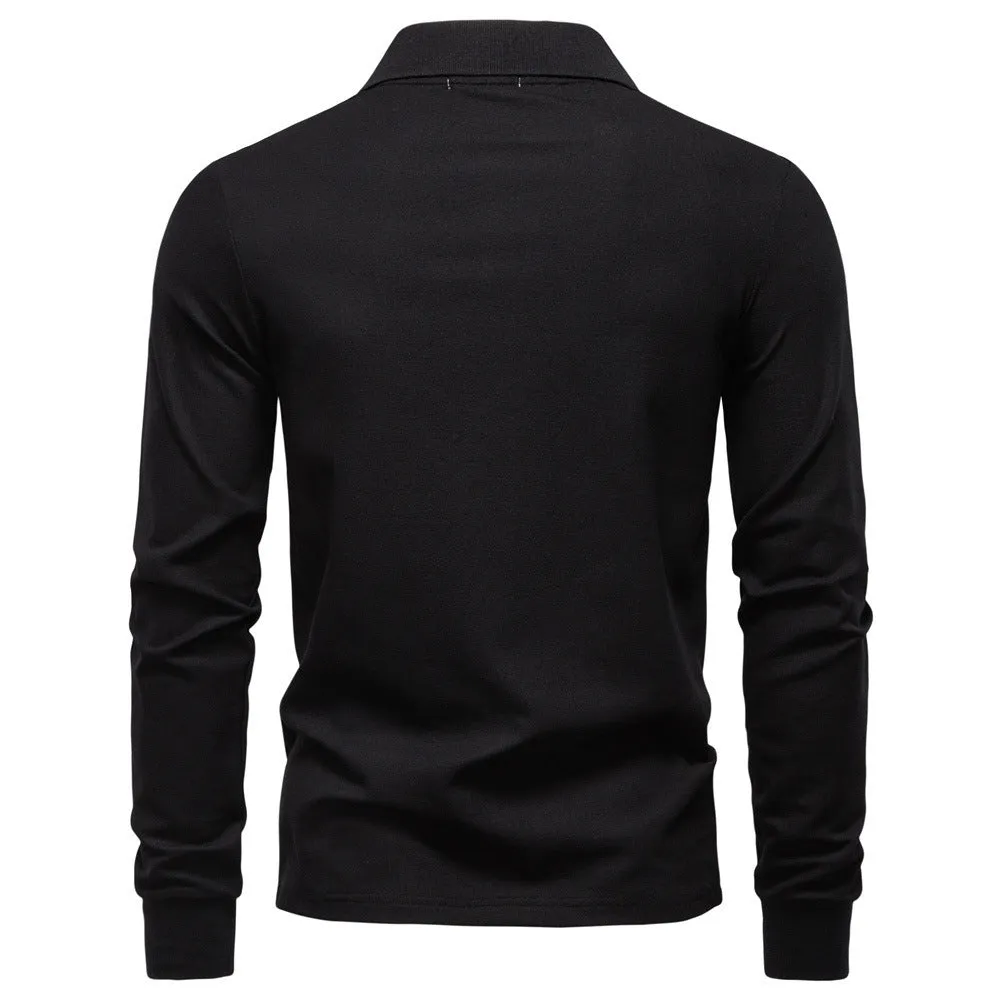 Cotton blend long sleeve solid colour casual polo shirt in army green for autumn leisure wear