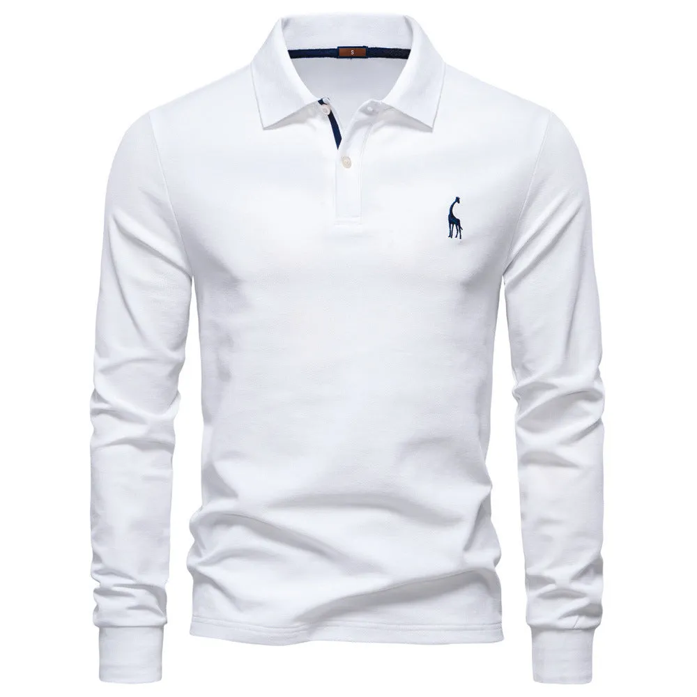 Cotton blend long sleeve solid colour casual polo shirt in army green for autumn leisure wear