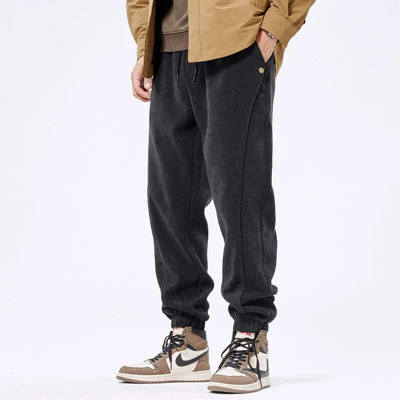 Men's corduroy ankle-tie casual sports pants, retro Japanese style, polyester, solid colour