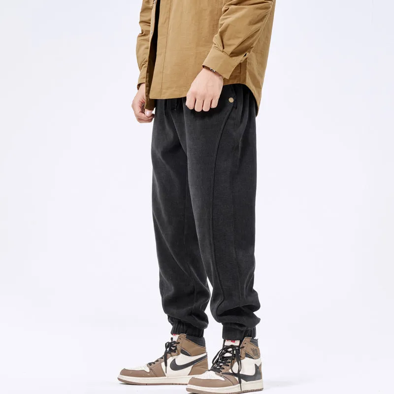 Men's corduroy ankle-tie casual sports pants, retro Japanese style, polyester, solid colour