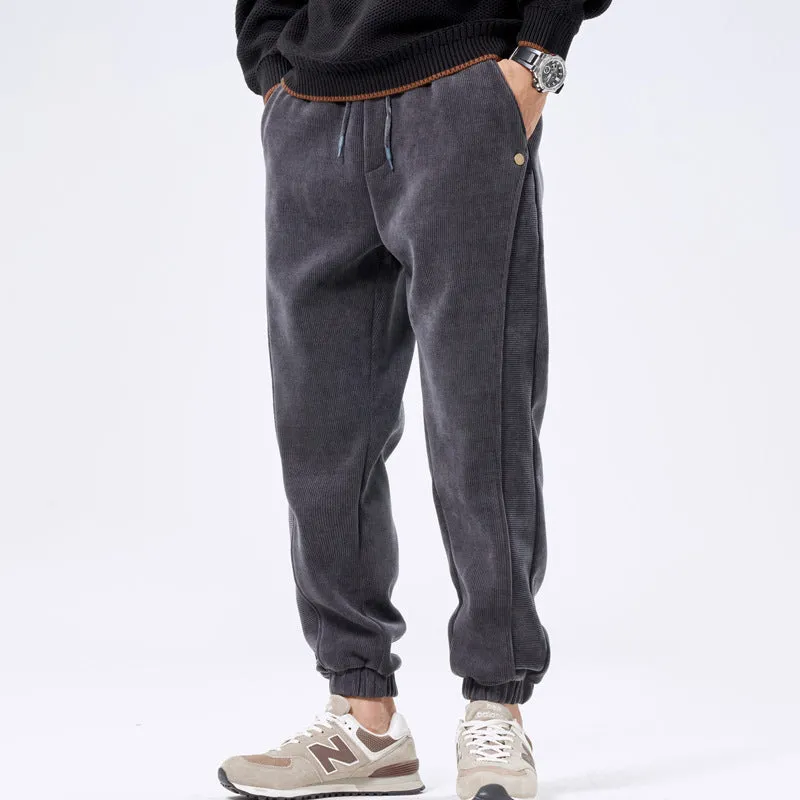 Men's corduroy ankle-tie casual sports pants, retro Japanese style, polyester, solid colour