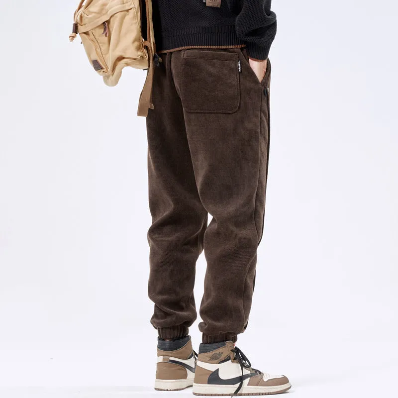 Men's corduroy ankle-tie casual sports pants, retro Japanese style, polyester, solid colour
