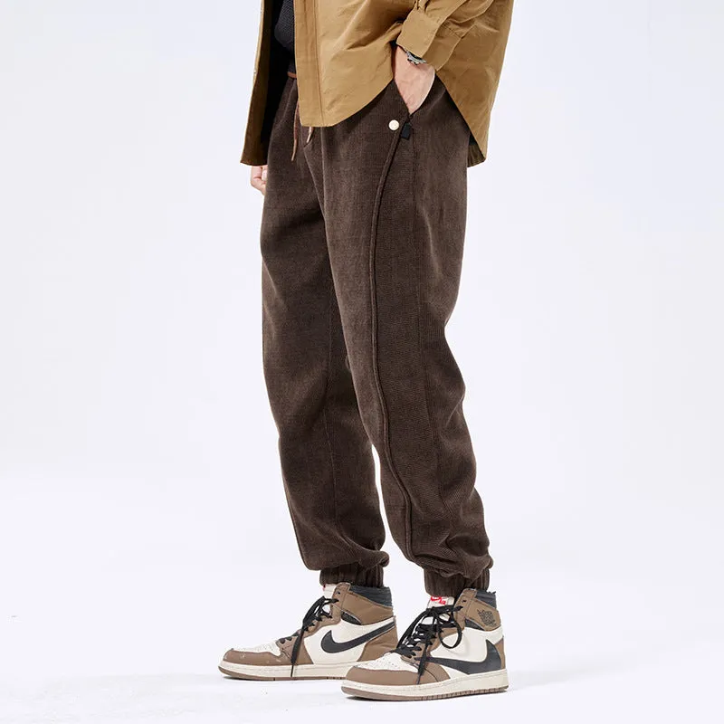 Men's corduroy ankle-tie casual sports pants, retro Japanese style, polyester, solid colour