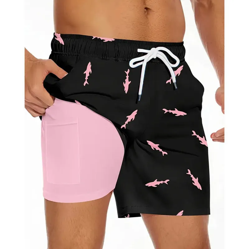Men's loose-fit polyester beach shorts shown in one of 11 colour options, sizes up to 5XL.