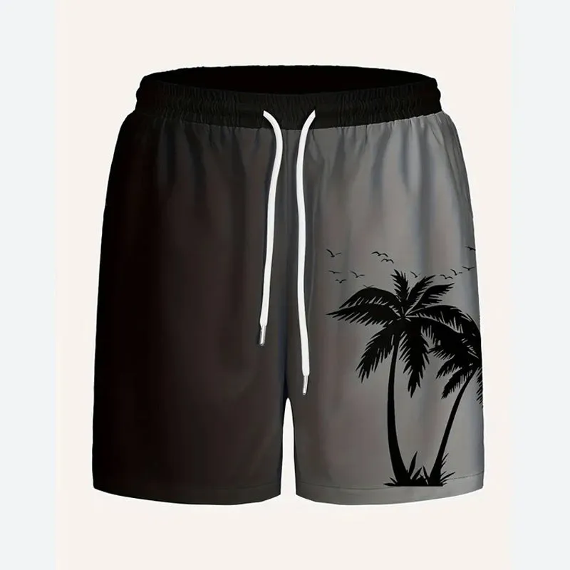 Men's loose-fit polyester beach shorts shown in one of 11 colour options, sizes up to 5XL.