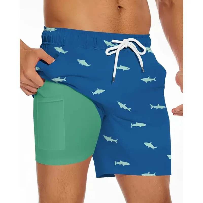 Men's loose-fit polyester beach shorts shown in one of 11 colour options, sizes up to 5XL.