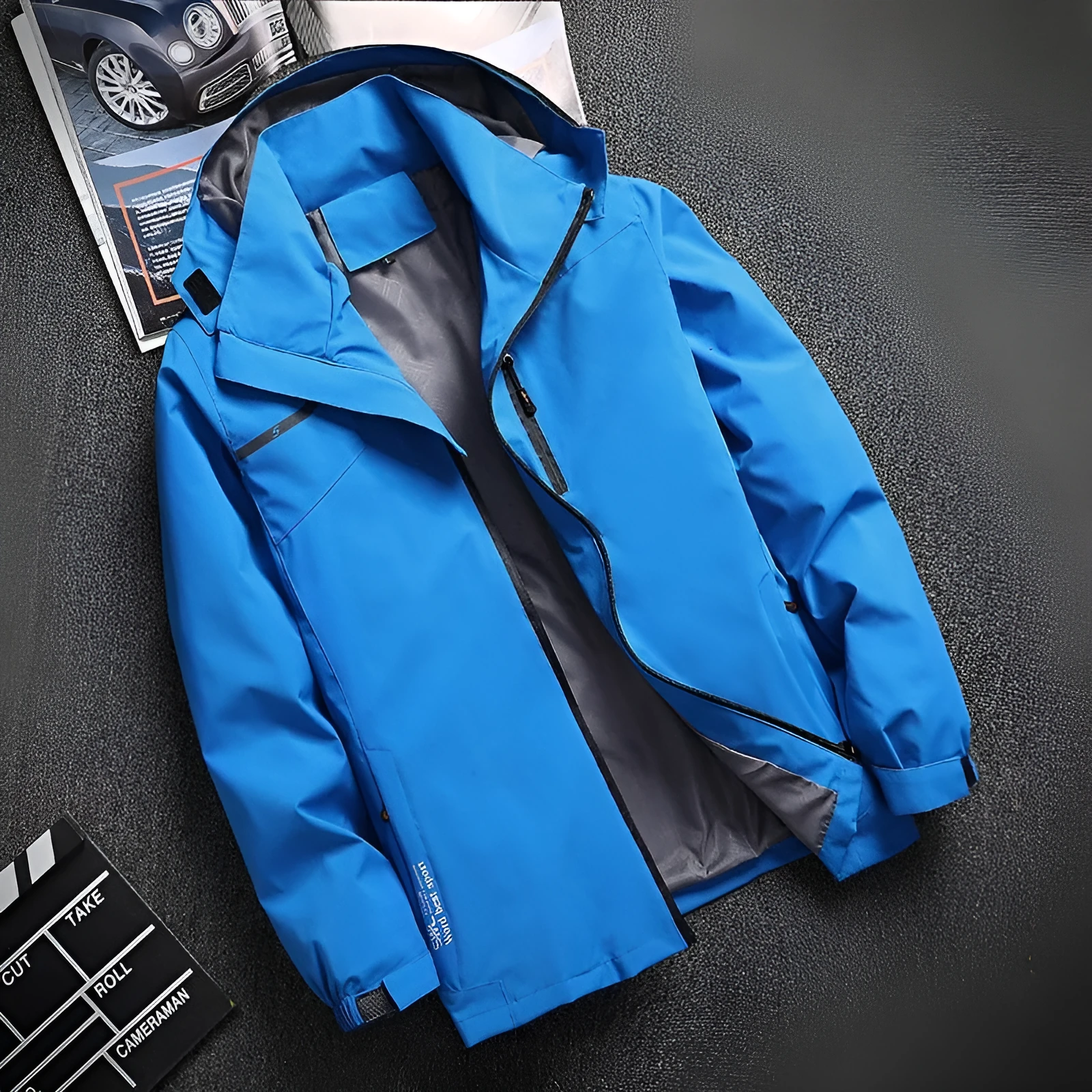 Outdoor casual thin waterproof hooded jacket in navy blue, loose fit polyester spring autumn coat