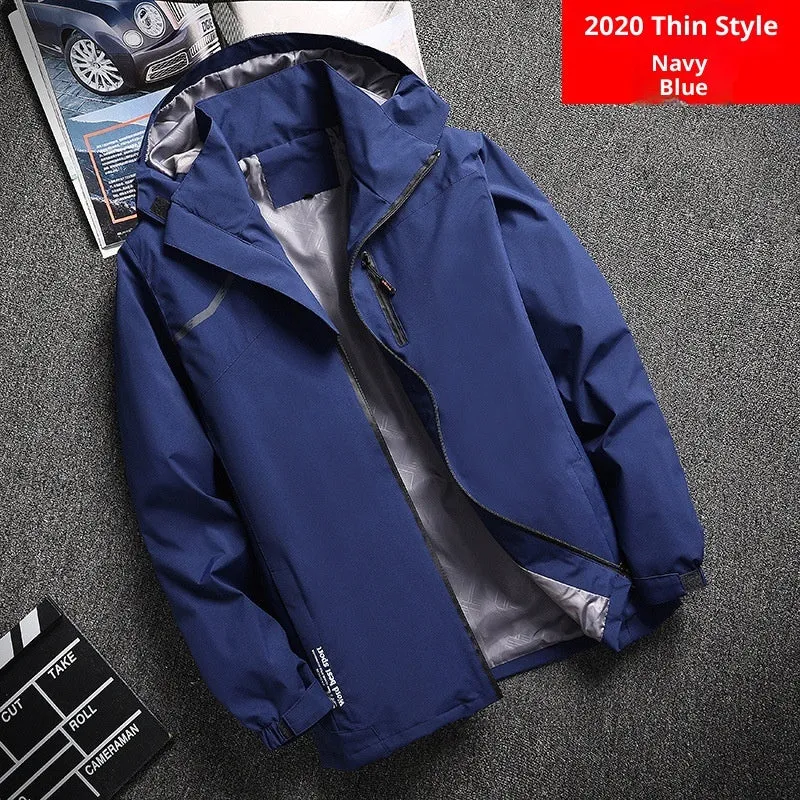 Outdoor casual thin waterproof hooded jacket in navy blue, loose fit polyester spring autumn coat