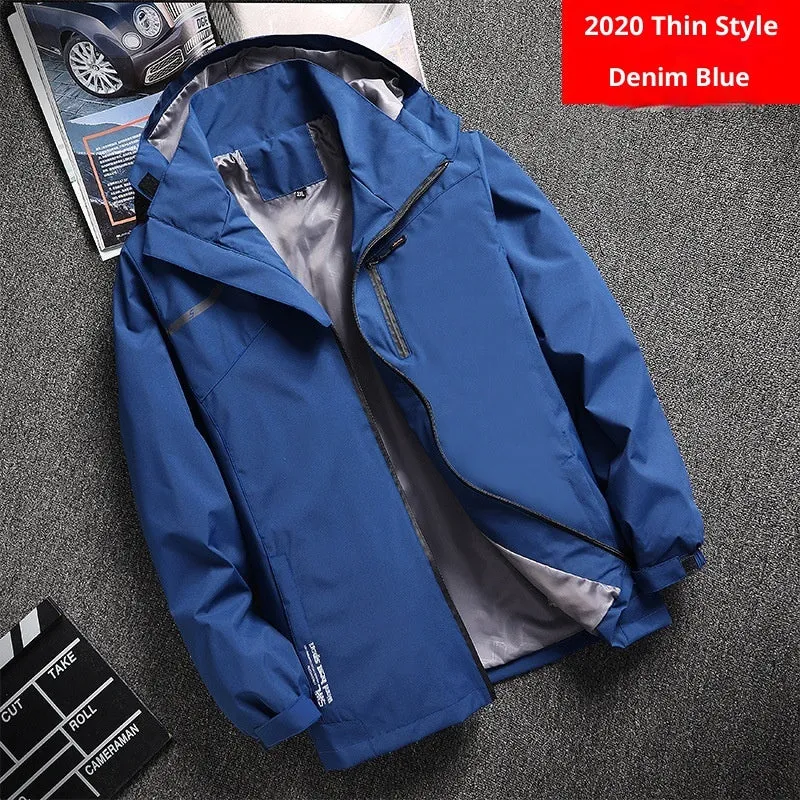 Outdoor casual thin waterproof hooded jacket in navy blue, loose fit polyester spring autumn coat