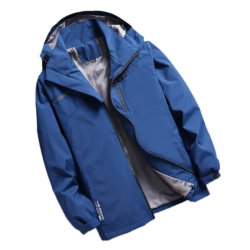 Outdoor casual thin waterproof hooded jacket in navy blue, loose fit polyester spring autumn coat