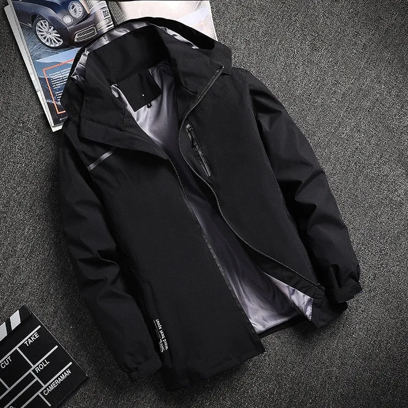 Outdoor casual thin waterproof hooded jacket in navy blue, loose fit polyester spring autumn coat