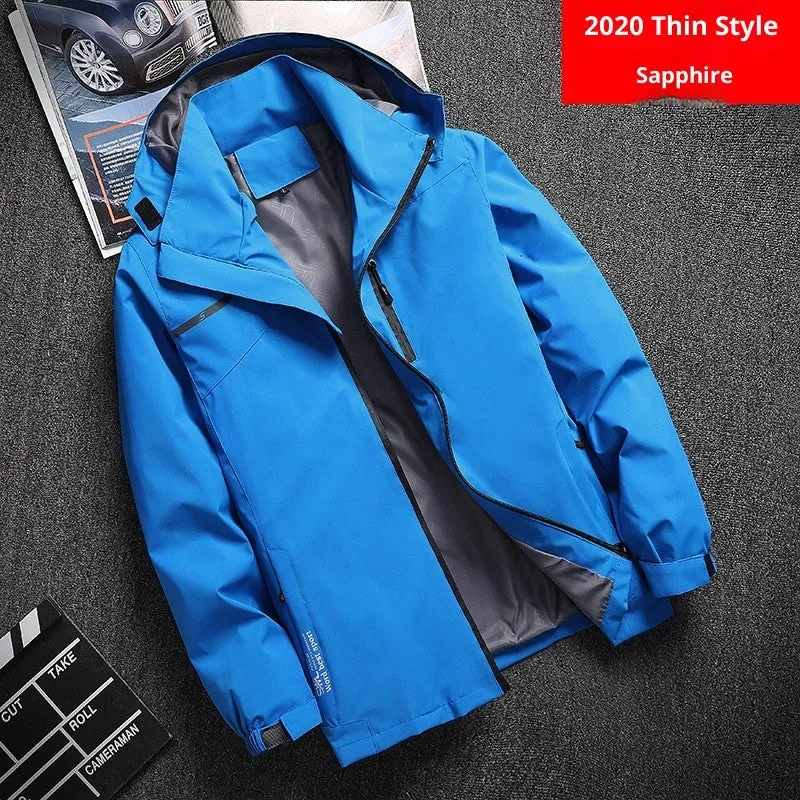 Outdoor casual thin waterproof hooded jacket in navy blue, loose fit polyester spring autumn coat