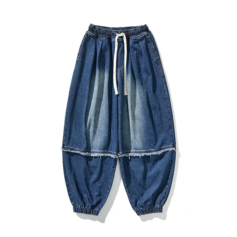 Large size Japanese Hong Kong style retro loose harem bloomers in cotton denim, low waist drawstring, black colour