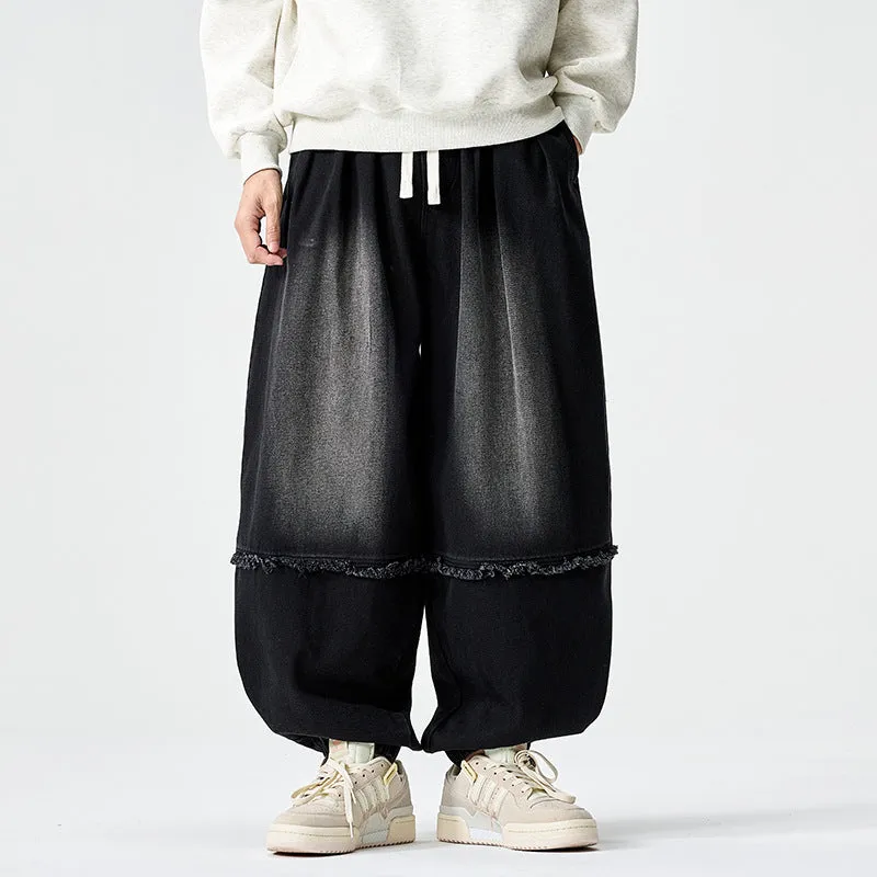 Large size Japanese Hong Kong style retro loose harem bloomers in cotton denim, low waist drawstring, black colour
