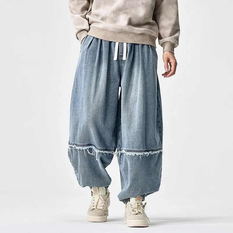 Large size Japanese Hong Kong style retro loose harem bloomers in cotton denim, low waist drawstring, black colour