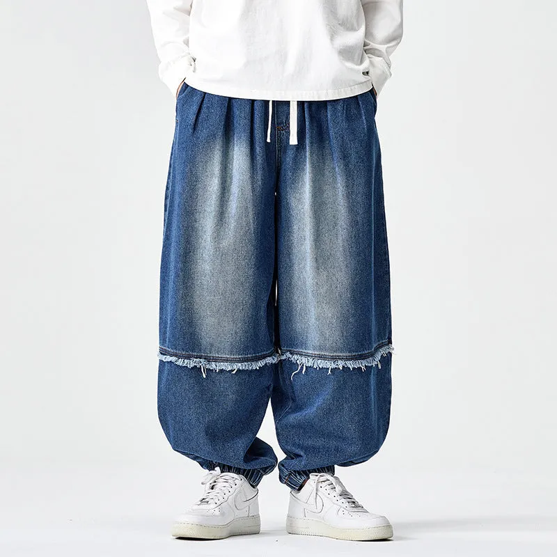 Large size Japanese Hong Kong style retro loose harem bloomers in cotton denim, low waist drawstring, black colour