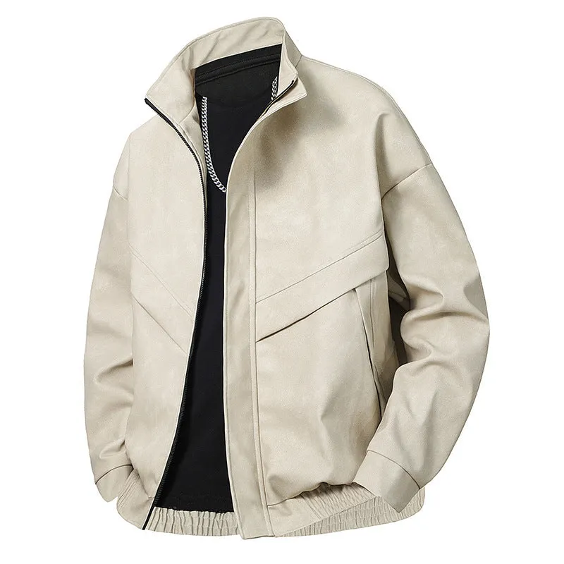 Men's slim fit PU leather coat in loose cut with straight hem and side pockets, shown in black gray colour