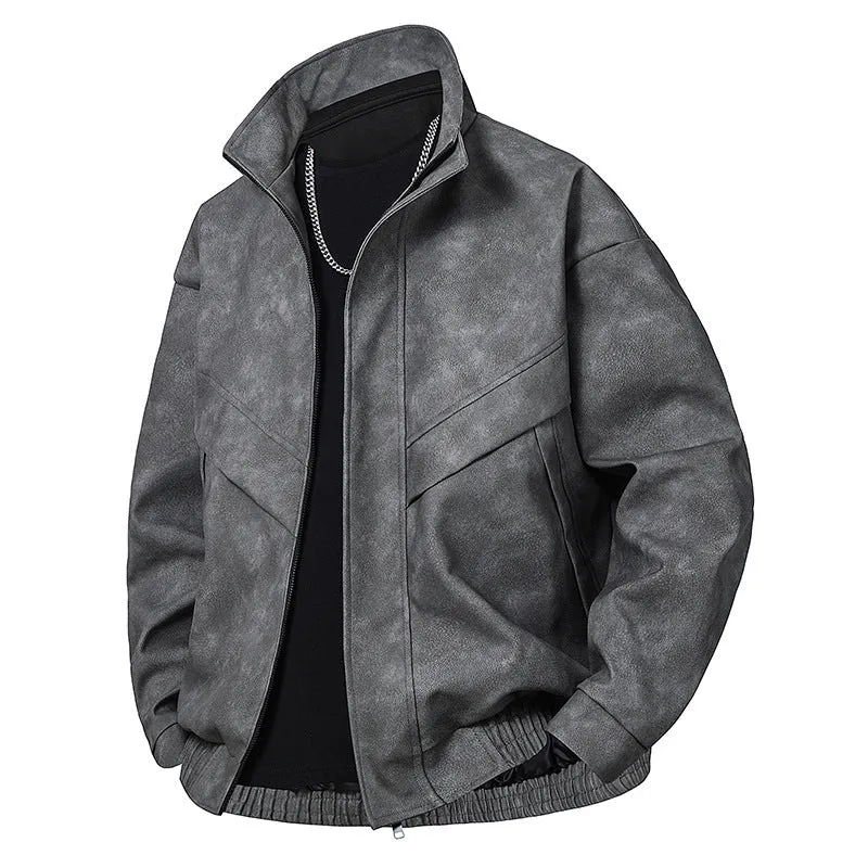 Men's slim fit PU leather coat in loose cut with straight hem and side pockets, shown in black gray colour