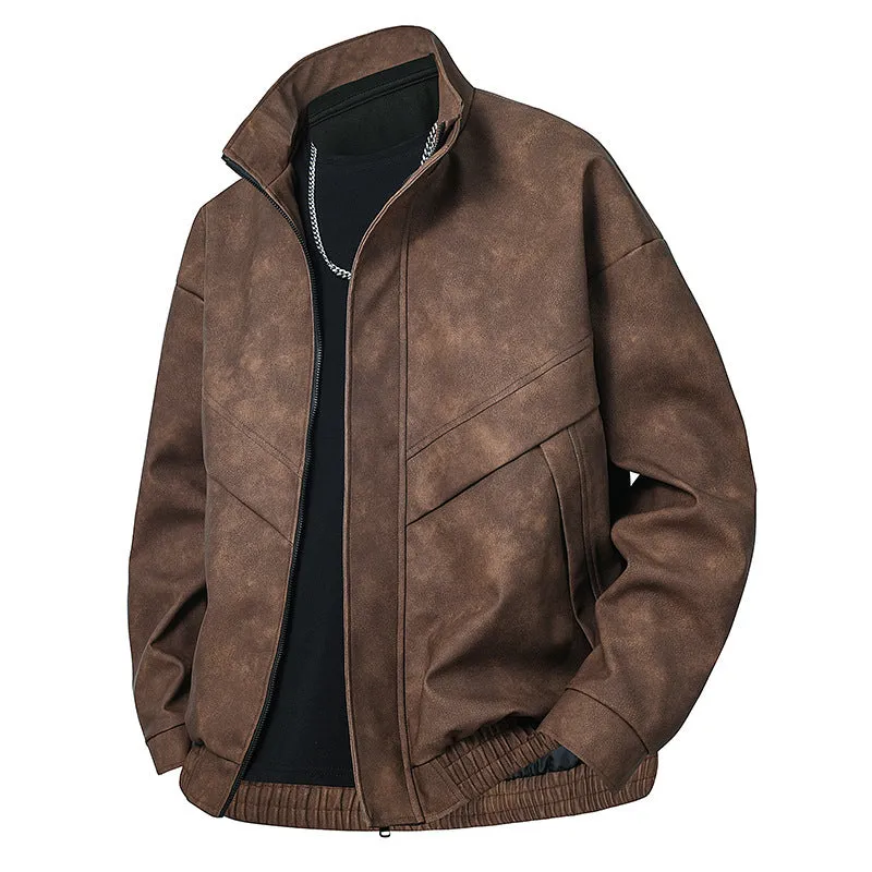 Men's slim fit PU leather coat in loose cut with straight hem and side pockets, shown in black gray colour