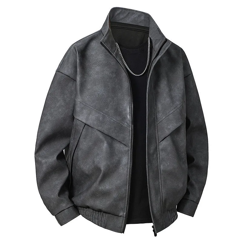 Men's slim fit PU leather coat in loose cut with straight hem and side pockets, shown in black gray colour